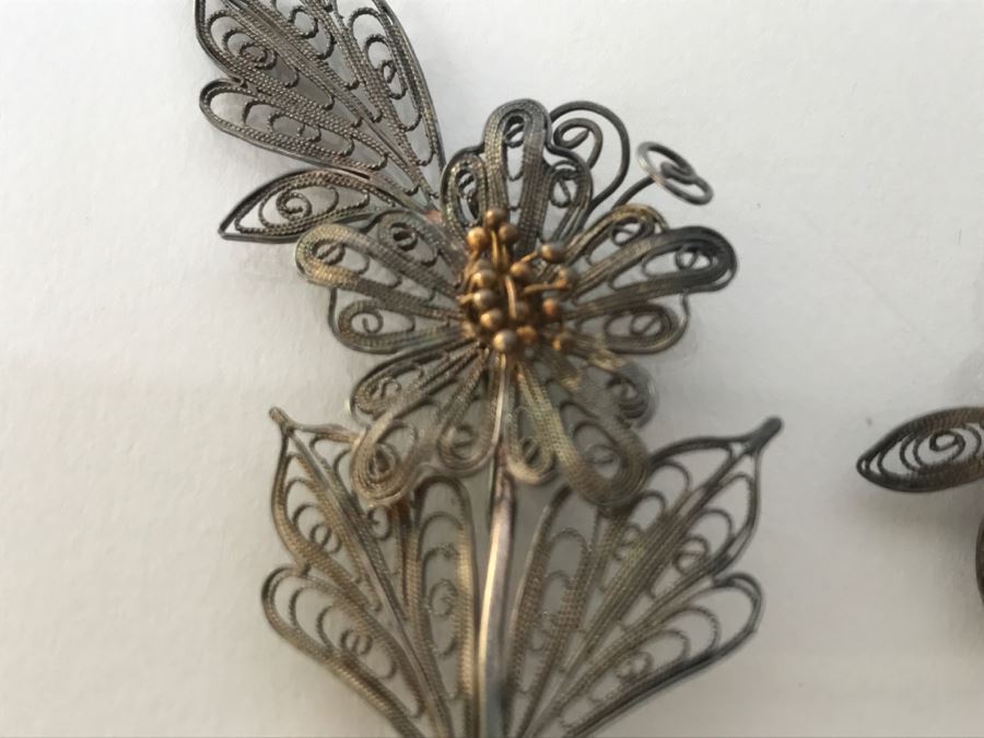 Pair Of Silver Wire Hand Assembled Floral Brooches Pins 9.3g [Photo 5]