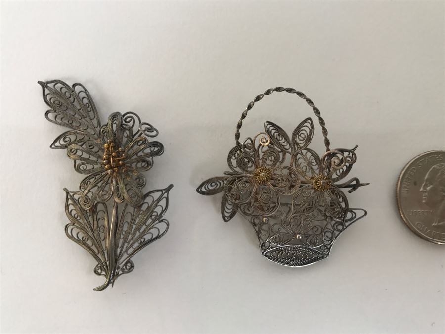 Pair Of Silver Wire Hand Assembled Floral Brooches Pins 9.3g