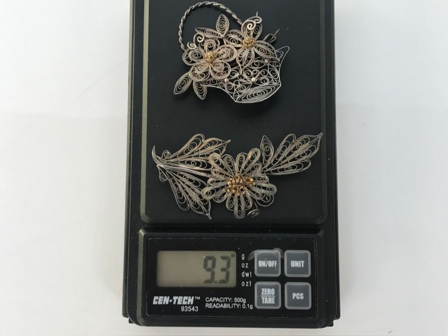 Pair Of Silver Wire Hand Assembled Floral Brooches Pins 9.3g [Photo 8]