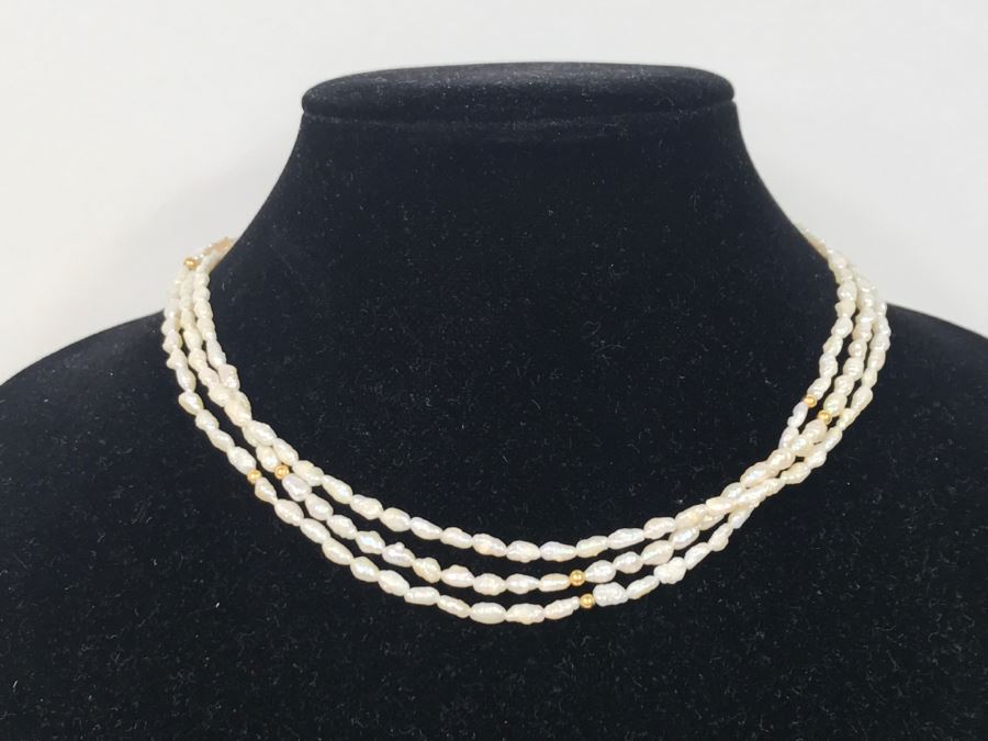14K Yellow Gold Clasp And Beads Rice Pearl Necklace FMV $100