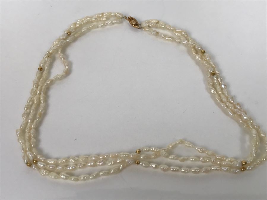 14K Yellow Gold Clasp And Beads Rice Pearl Necklace FMV $100 [Photo 4]
