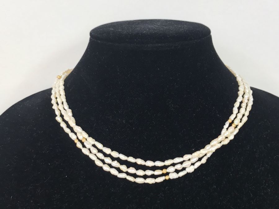 14K Yellow Gold Clasp And Beads Rice Pearl Necklace FMV $100 [Photo 2]