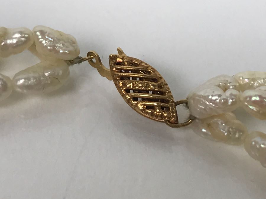 14K Yellow Gold Clasp And Beads Rice Pearl Necklace FMV $100 [Photo 6]