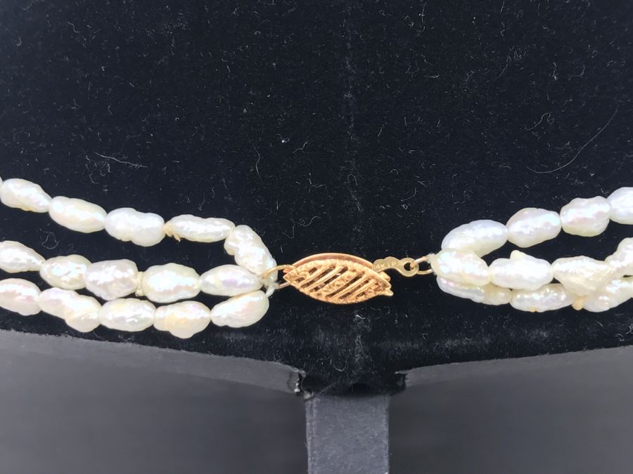 14K Yellow Gold Clasp And Beads Rice Pearl Necklace FMV $100 [Photo 3]