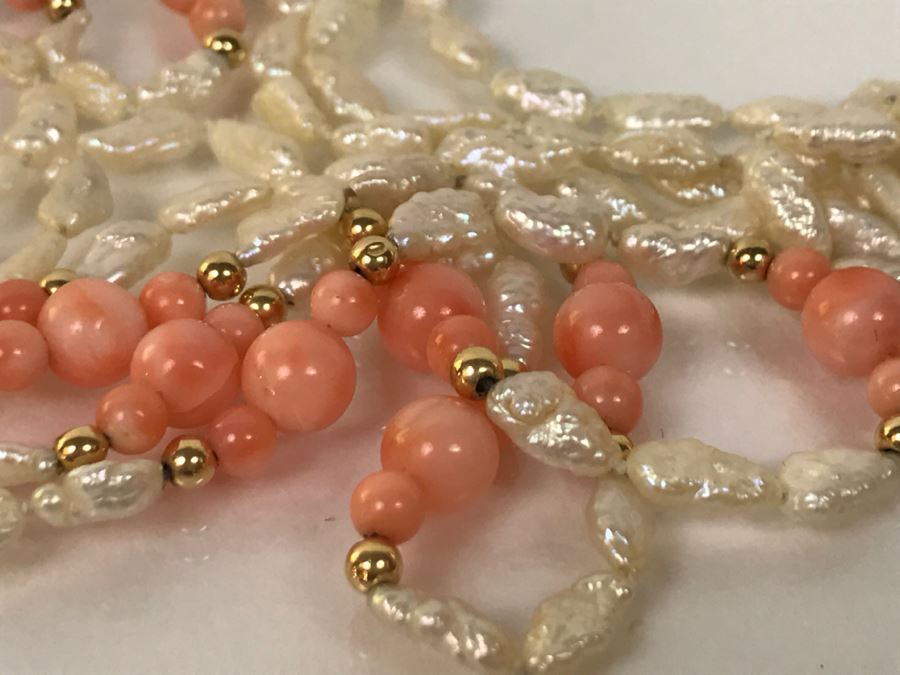 14K Yellow Gold And Beads Rice Pearl With Coral Necklace FMV $150 [Photo 5]