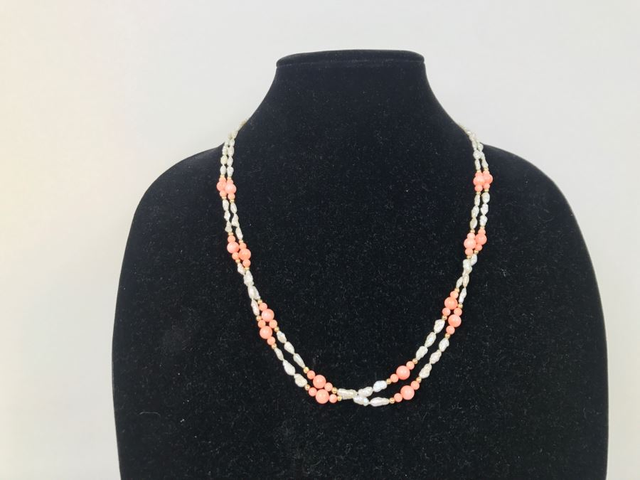 14K Yellow Gold And Beads Rice Pearl With Coral Necklace FMV $150 [Photo 2]