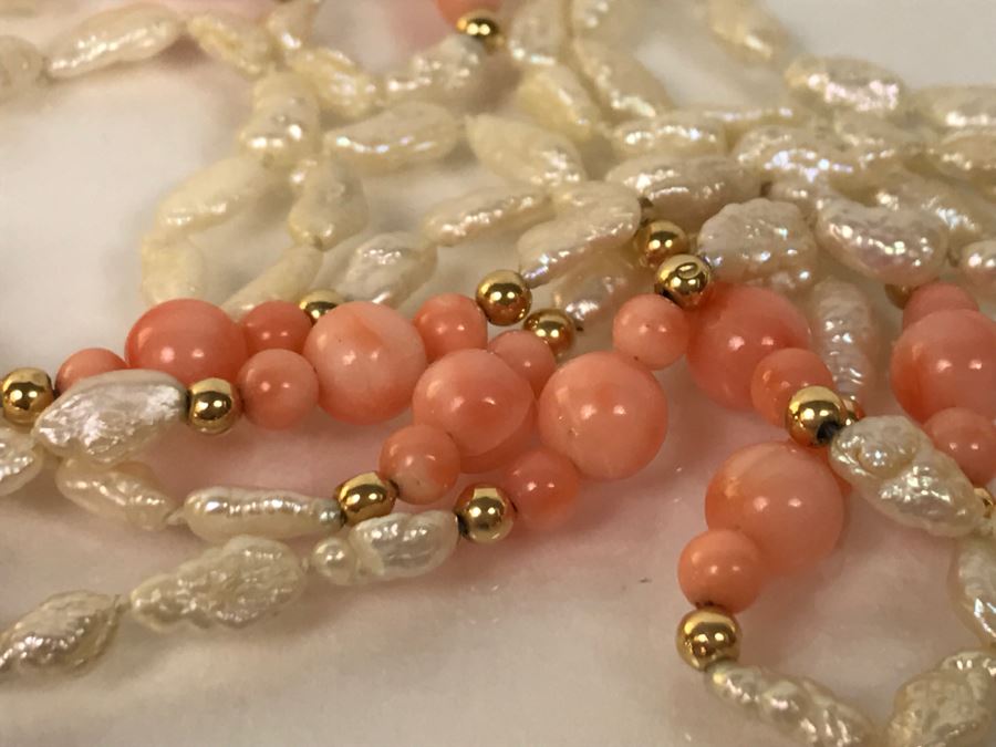 14K Yellow Gold And Beads Rice Pearl With Coral Necklace FMV $150 [Photo 4]