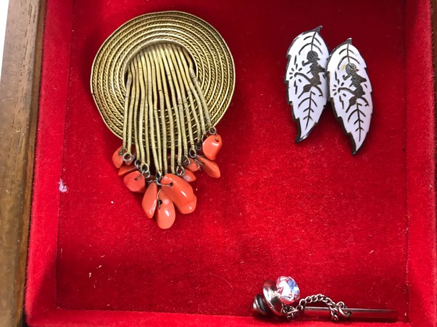 Vintage Asian Wooden Jewelry Box With Jewelry Including Sterling Silver And Turquoise See Photos [Photo 35]