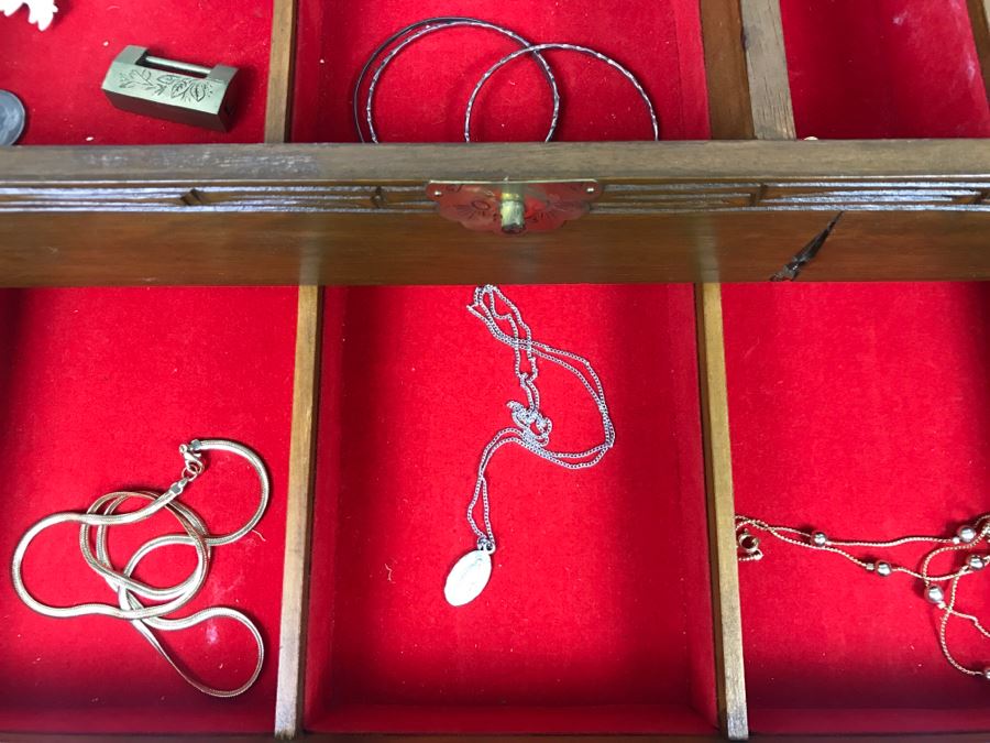 Vintage Asian Wooden Jewelry Box With Jewelry Including Sterling Silver And Turquoise See Photos [Photo 24]