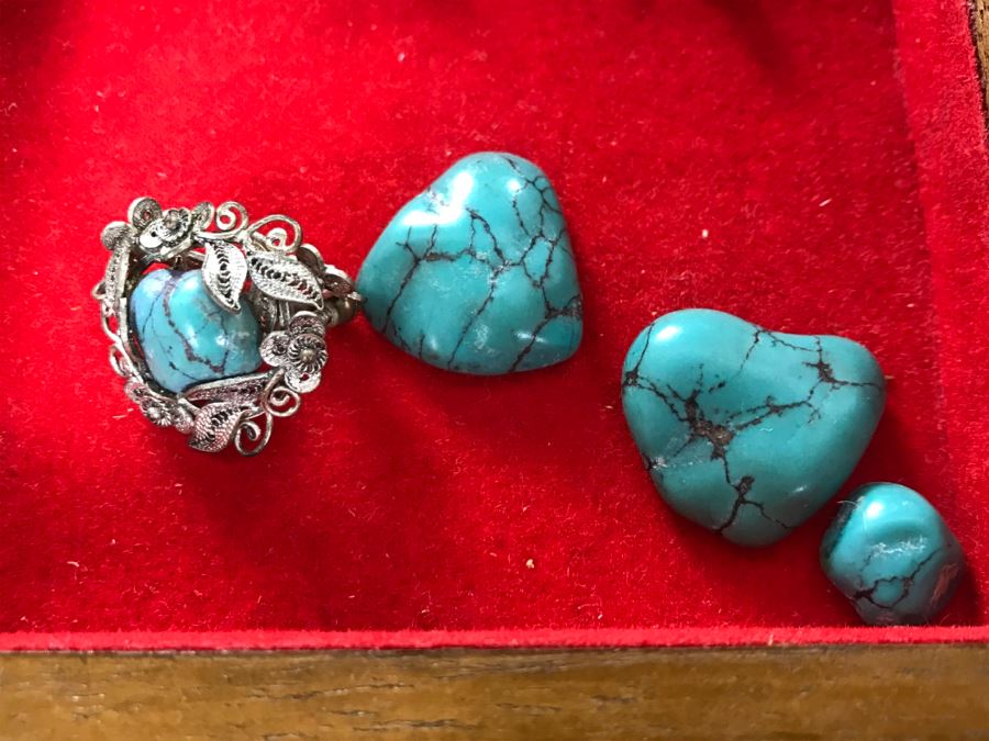 Vintage Asian Wooden Jewelry Box With Jewelry Including Sterling Silver And Turquoise See Photos [Photo 14]