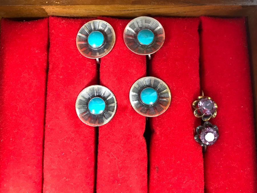 Vintage Asian Wooden Jewelry Box With Jewelry Including Sterling Silver And Turquoise See Photos [Photo 15]