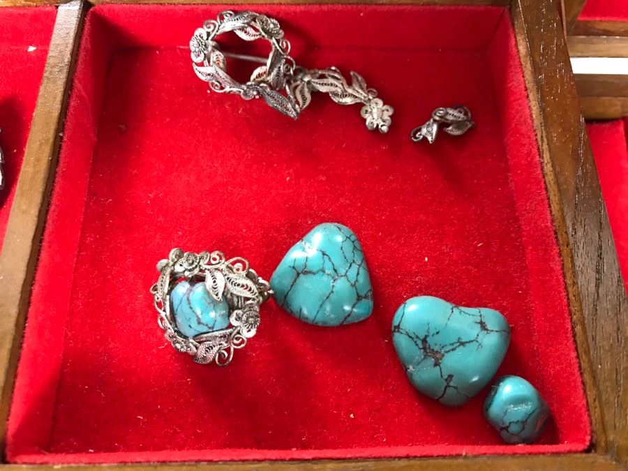 Vintage Asian Wooden Jewelry Box With Jewelry Including Sterling Silver And Turquoise See Photos [Photo 13]