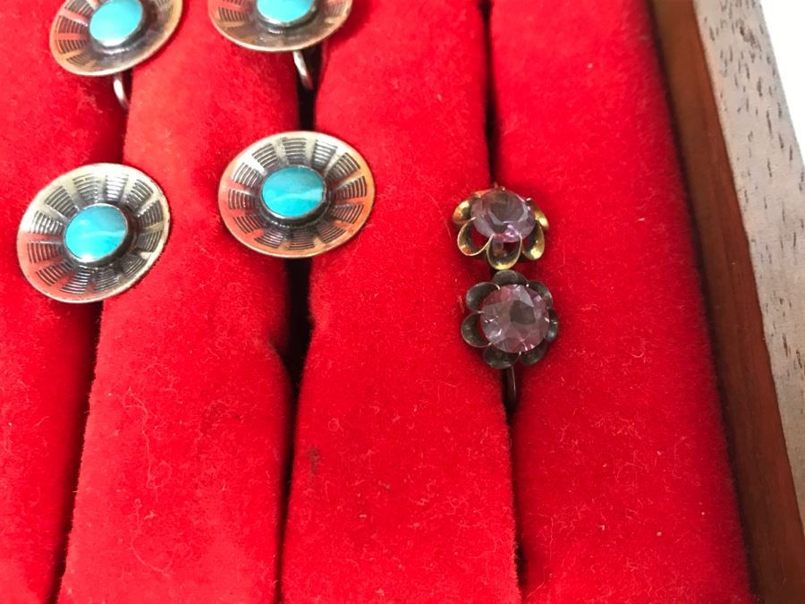 Vintage Asian Wooden Jewelry Box With Jewelry Including Sterling Silver And Turquoise See Photos [Photo 17]