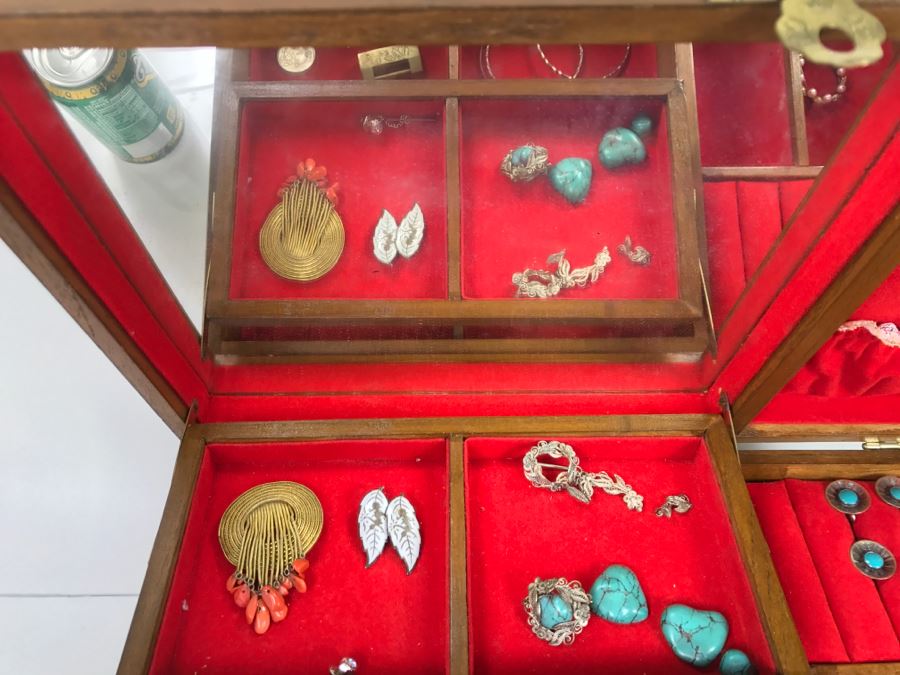 Vintage Asian Wooden Jewelry Box With Jewelry Including Sterling Silver And Turquoise See Photos [Photo 12]