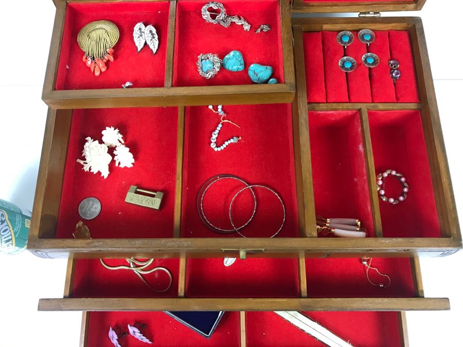 Vintage Asian Wooden Jewelry Box With Jewelry Including Sterling Silver And Turquoise See Photos [Photo 4]