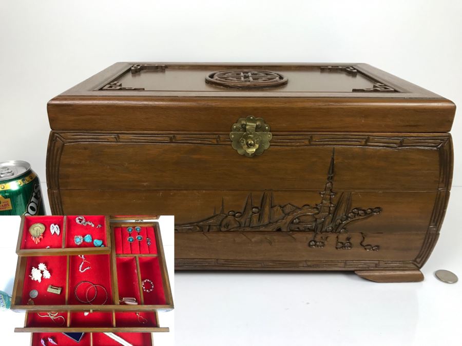 Vintage Asian Wooden Jewelry Box With Jewelry Including Sterling Silver And Turquoise See Photos