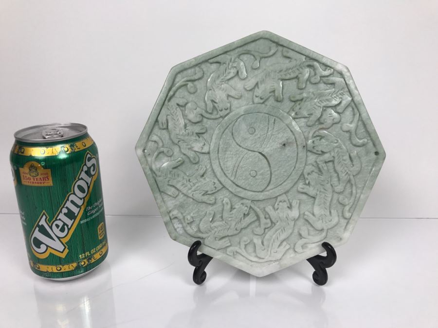 Double Sided Carved Green Stone Plaque With Stand