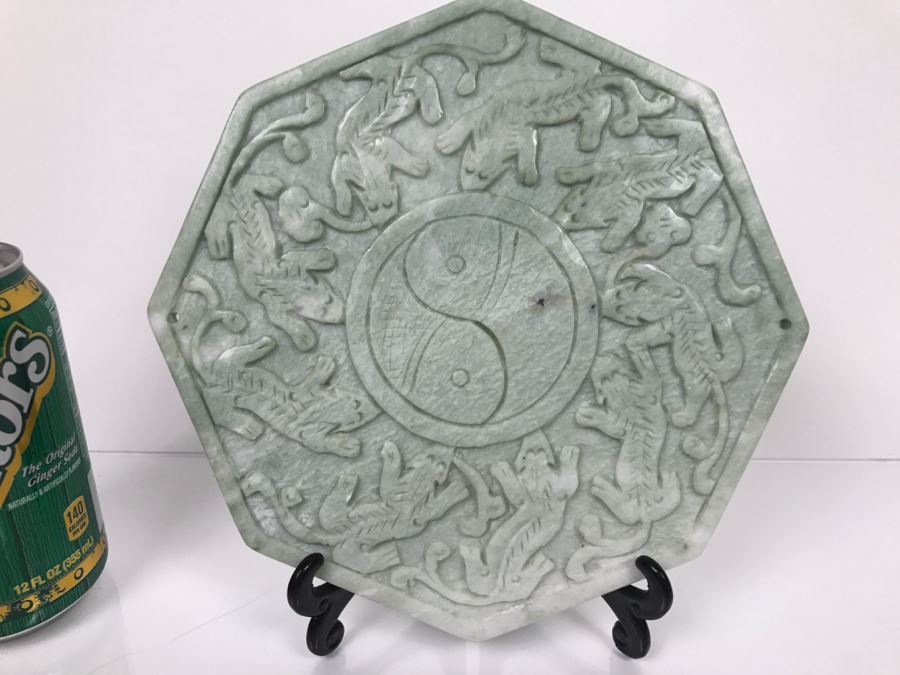 Double Sided Carved Green Stone Plaque With Stand [Photo 3]