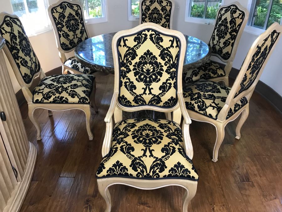 Set Of (6) KREISS Dining Chairs (2 Are Armchairs) With Round Marble Top Table And Marble Pedestal Base (Top Is Removable From Base) Estimate $2,000 [Photo 17]