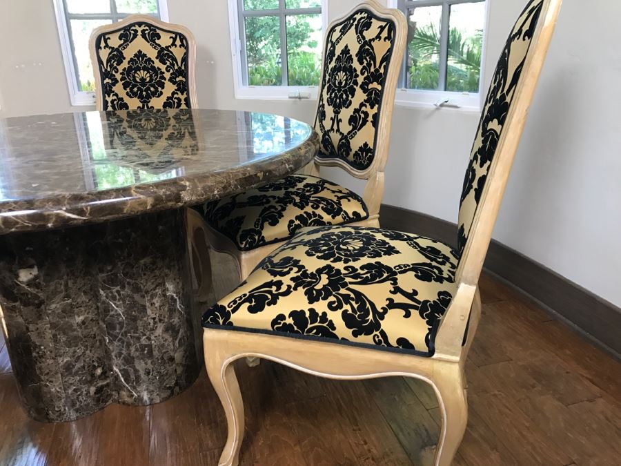 Set Of (6) KREISS Dining Chairs (2 Are Armchairs) With Round Marble Top Table And Marble Pedestal Base (Top Is Removable From Base) Estimate $2,000 [Photo 9]