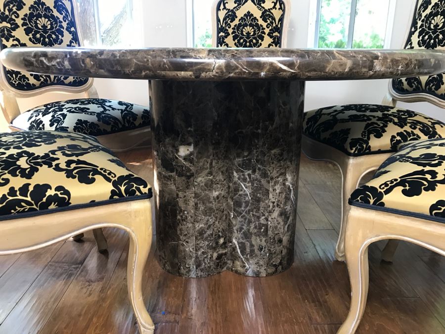 Set Of (6) KREISS Dining Chairs (2 Are Armchairs) With Round Marble Top Table And Marble Pedestal Base (Top Is Removable From Base) Estimate $2,000 [Photo 7]