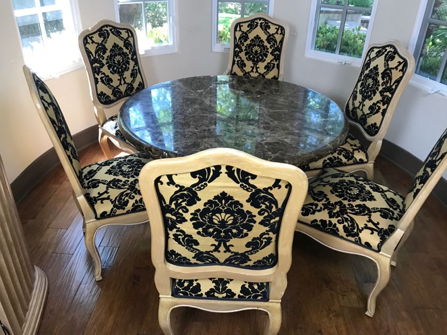 Set Of (6) KREISS Dining Chairs (2 Are Armchairs) With Round Marble Top Table And Marble Pedestal Base (Top Is Removable From Base) Estimate $2,000 [Photo 4]