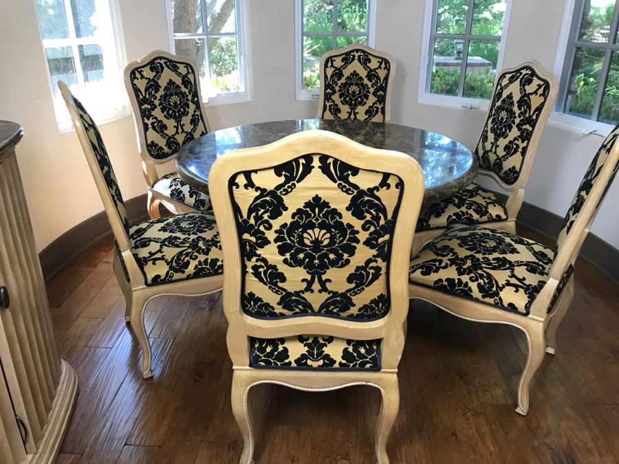 Set Of (6) KREISS Dining Chairs (2 Are Armchairs) With Round Marble Top Table And Marble Pedestal Base (Top Is Removable From Base) Estimate $2,000 [Photo 21]