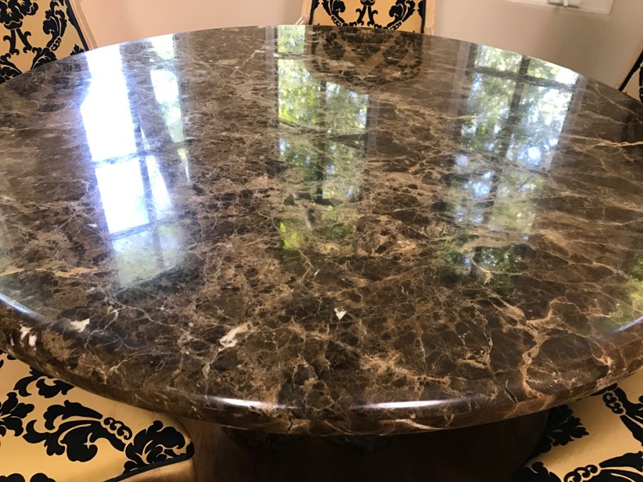 Set Of (6) KREISS Dining Chairs (2 Are Armchairs) With Round Marble Top Table And Marble Pedestal Base (Top Is Removable From Base) Estimate $2,000 [Photo 6]