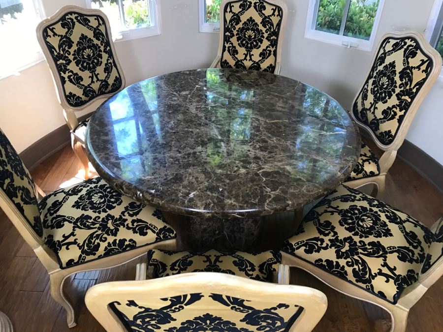Set Of (6) KREISS Dining Chairs (2 Are Armchairs) With Round Marble Top Table And Marble Pedestal Base (Top Is Removable From Base) Estimate $2,000