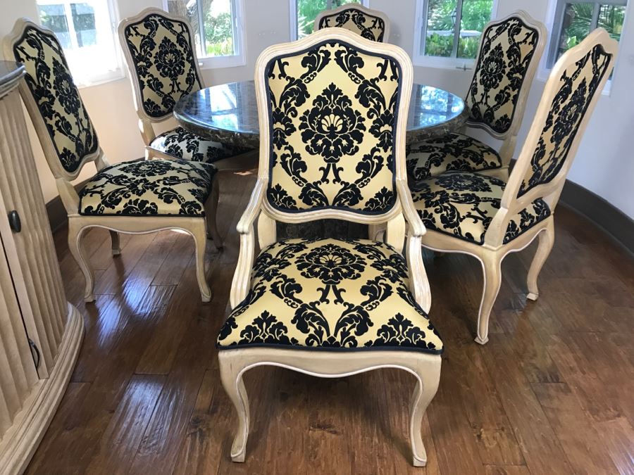 Set Of (6) KREISS Dining Chairs (2 Are Armchairs) With Round Marble Top Table And Marble Pedestal Base (Top Is Removable From Base) Estimate $2,000 [Photo 16]