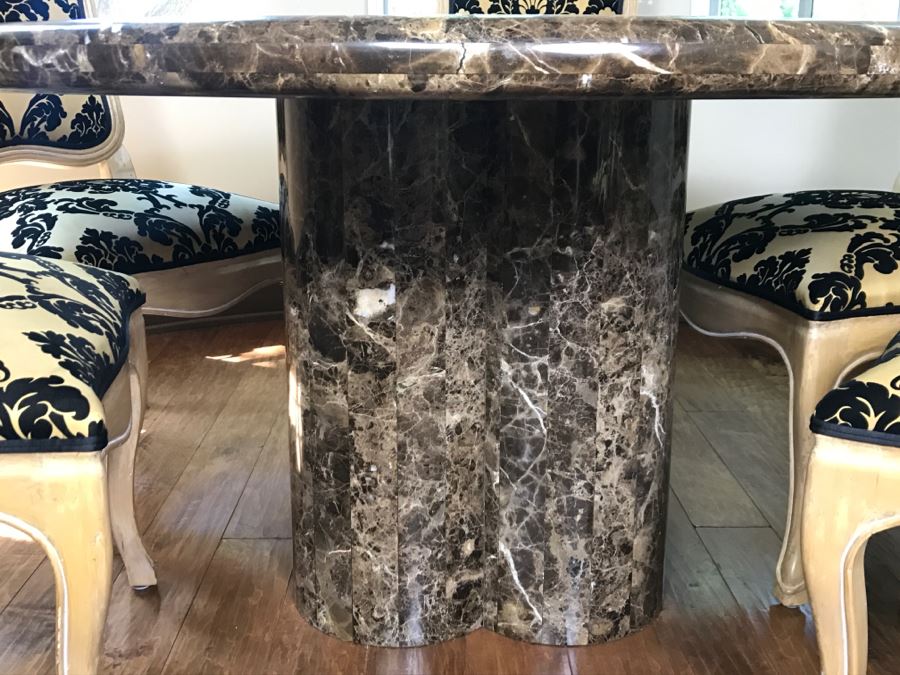 Set Of (6) KREISS Dining Chairs (2 Are Armchairs) With Round Marble Top Table And Marble Pedestal Base (Top Is Removable From Base) Estimate $2,000 [Photo 13]