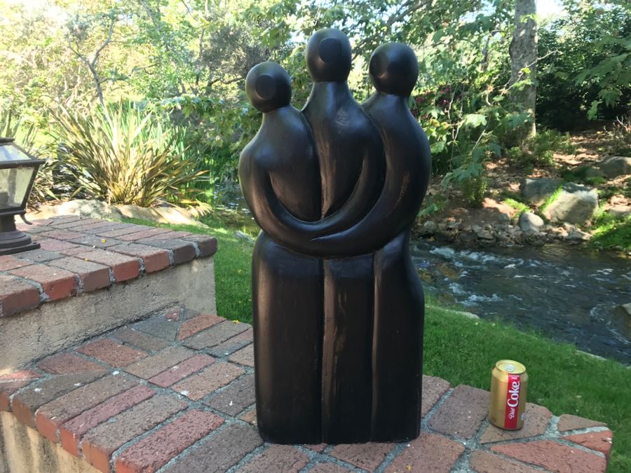 Carved Wooden Sculpture Of Three People Embracing Each Other No Signature Found 29'H X 13'W [Photo 3]
