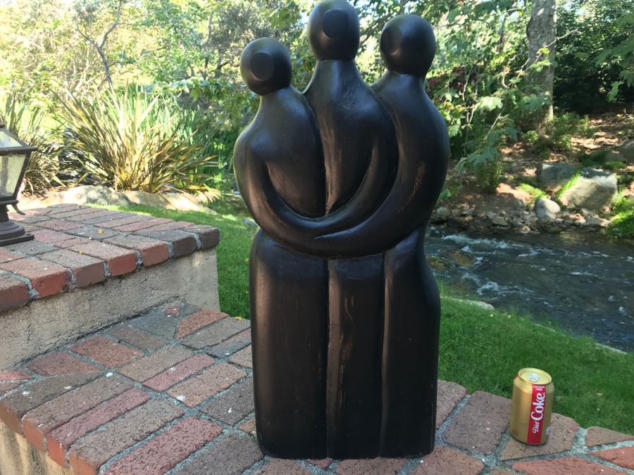 Carved Wooden Sculpture Of Three People Embracing Each Other No Signature Found 29'H X 13'W