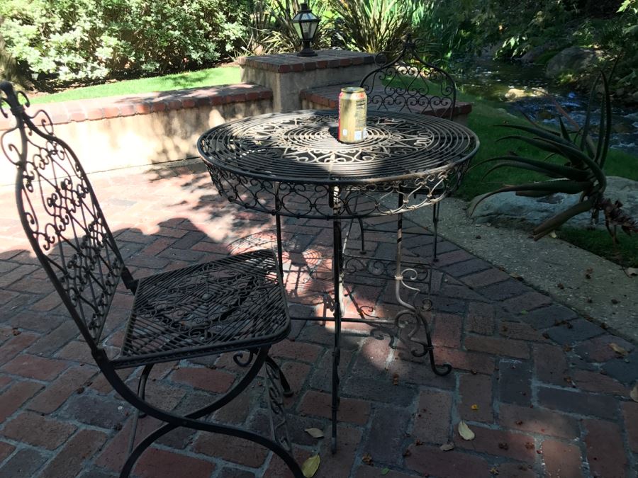 Outdoor Round Cafe Table With Detailed Metal Work And (2) Folding Metal Chairs [Photo 7]