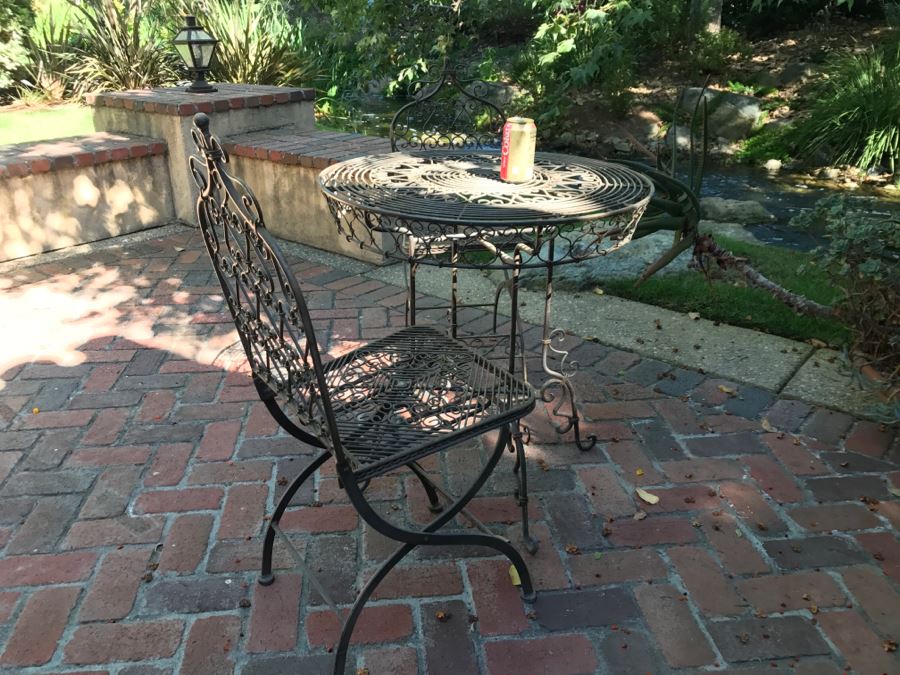 Outdoor Round Cafe Table With Detailed Metal Work And (2) Folding Metal Chairs [Photo 2]