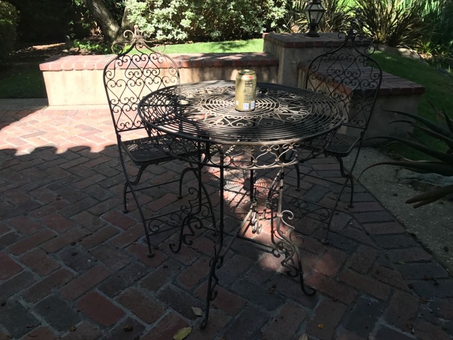 Outdoor Round Cafe Table With Detailed Metal Work And (2) Folding Metal Chairs [Photo 11]