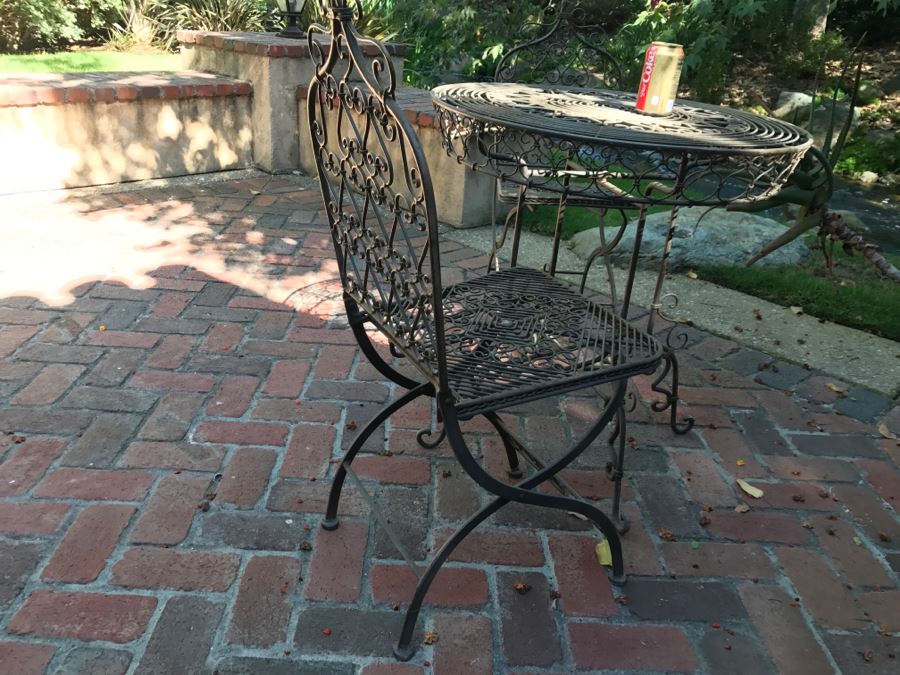 Outdoor Round Cafe Table With Detailed Metal Work And (2) Folding Metal Chairs [Photo 6]