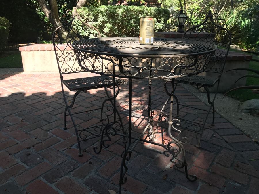 Outdoor Round Cafe Table With Detailed Metal Work And (2) Folding Metal Chairs [Photo 12]