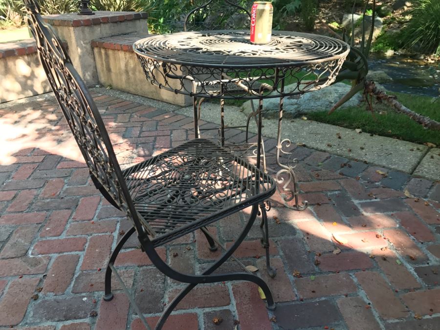 Outdoor Round Cafe Table With Detailed Metal Work And (2) Folding Metal Chairs [Photo 3]
