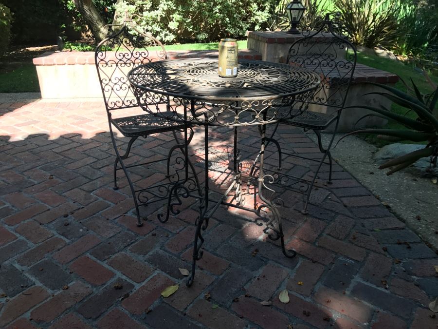 Outdoor Round Cafe Table With Detailed Metal Work And (2) Folding Metal Chairs [Photo 10]