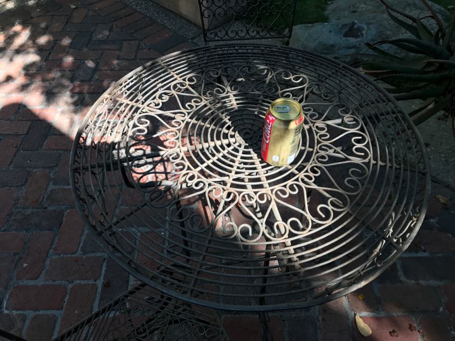 Outdoor Round Cafe Table With Detailed Metal Work And (2) Folding Metal Chairs [Photo 4]