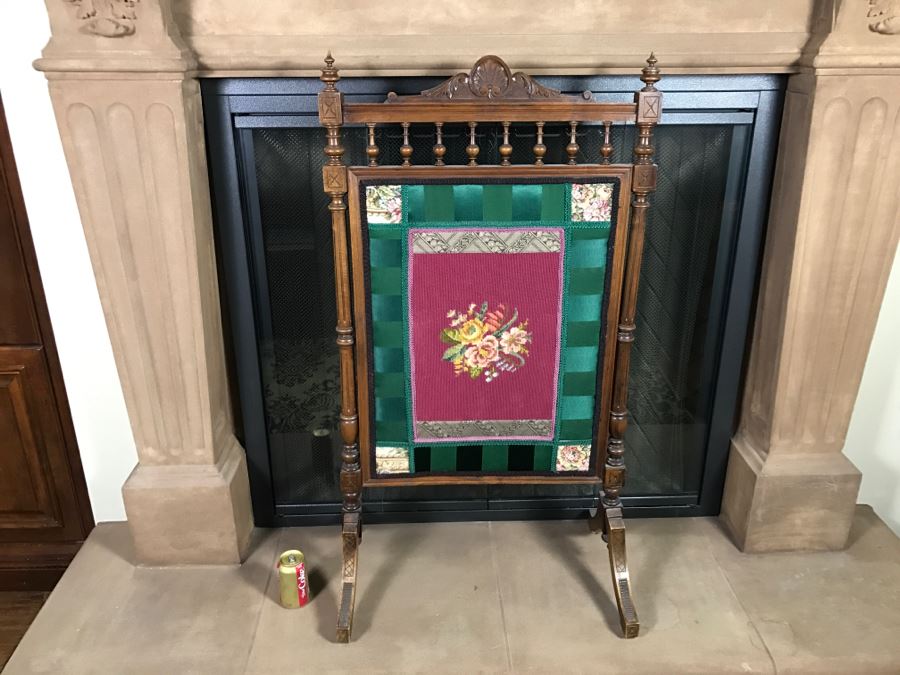 Antique Wooden Needlepoint Fireplace Screen