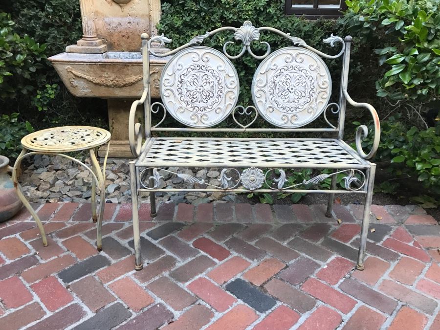 Outdoor Metal Bench And Metal Wrought Iron Side Table [Photo 2]