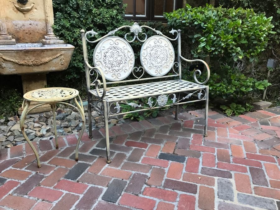 Outdoor Metal Bench And Metal Wrought Iron Side Table