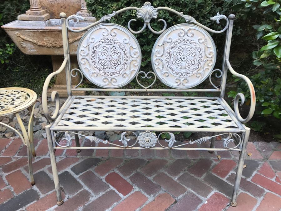 Outdoor Metal Bench And Metal Wrought Iron Side Table [Photo 4]