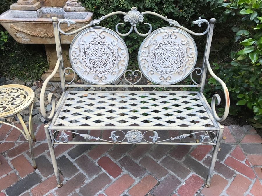 Outdoor Metal Bench And Metal Wrought Iron Side Table [Photo 3]