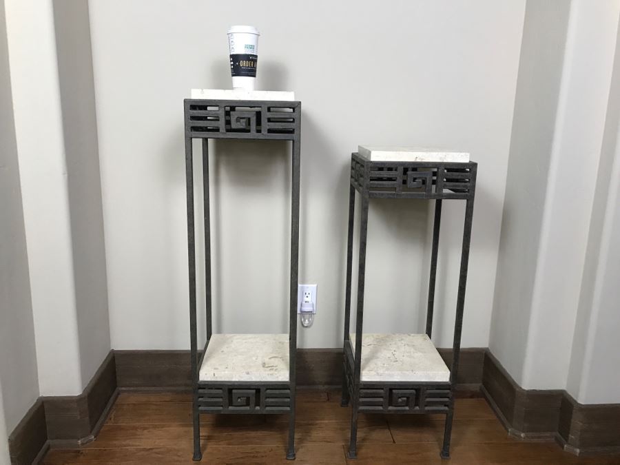 Pair Of Metal And Fossil Stone Pedestal Tables By Casa Bique Ltd Estimate $1,000-$2,000 [Photo 1]