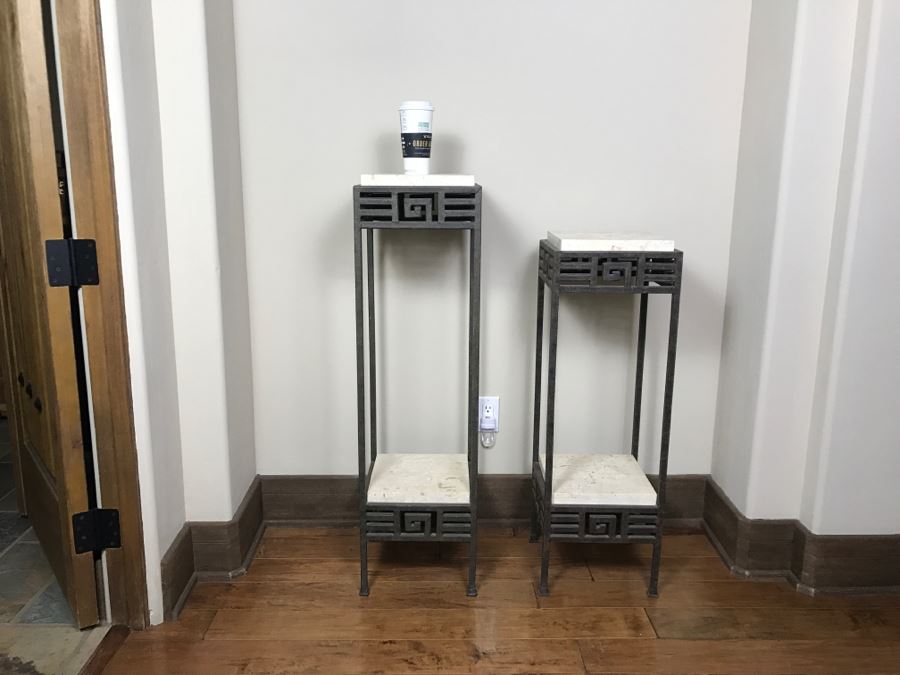 Pair Of Metal And Fossil Stone Pedestal Tables By Casa Bique Ltd Estimate $1,000-$2,000 [Photo 4]