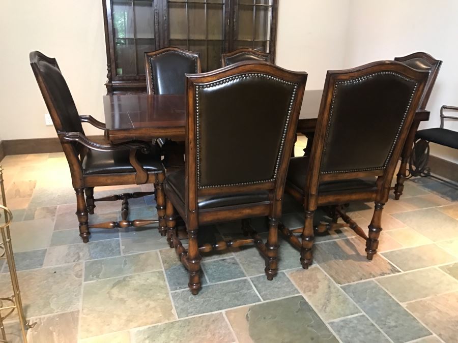Set Of (6) Wooden Dining Chairs With Brass Nailheads (2 Are Armchairs) By Hooker Furniture - Table Not Included Estimate $600 [Photo 2]