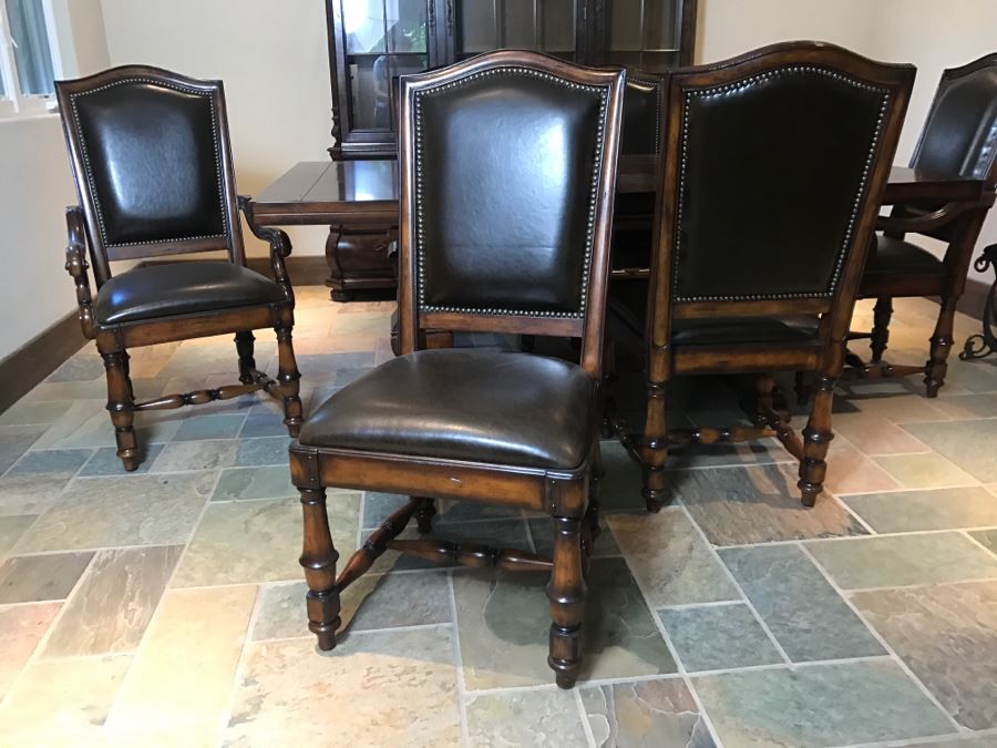Set Of (6) Wooden Dining Chairs With Brass Nailheads (2 Are Armchairs) By Hooker Furniture - Table Not Included Estimate $600 [Photo 11]